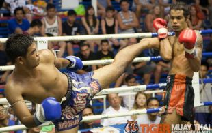 Tiger Muay Thai fighter Marcel Gaines fights at Bangla boxing stadium in Phuket, Thailand, Wednesday, Aug. 21, 2013. (Photo by Mitch Viquez Â©2013)