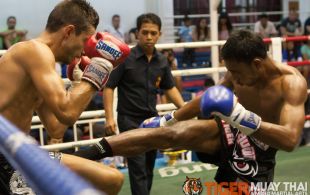 Tiger Muay Thai trainer Don fights at Bangla boxing stadium in Phuket, Thailand, Wednesday, Aug. 28, 2013. (Photo by Mitch Viquez Â©2013)