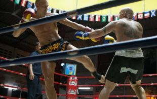 Mike Saint Claire fights at Patong stadium in Phuket, Thailand, Monday, May. 13, 2013. (Photo by Mitch Viquez Â©2013)