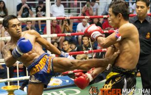 Tiger Muay Thai fighter Phetdam fights at Bangla boxing stadium in Phuket, Thailand, Friday, Aug. 2, 2013. (Photo by Mitch Viquez Â©2013)